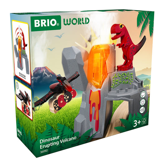 Imagine Vulcan in eruptie cu figurina dinozaur pentru trenulete BRIO, 3+ ani